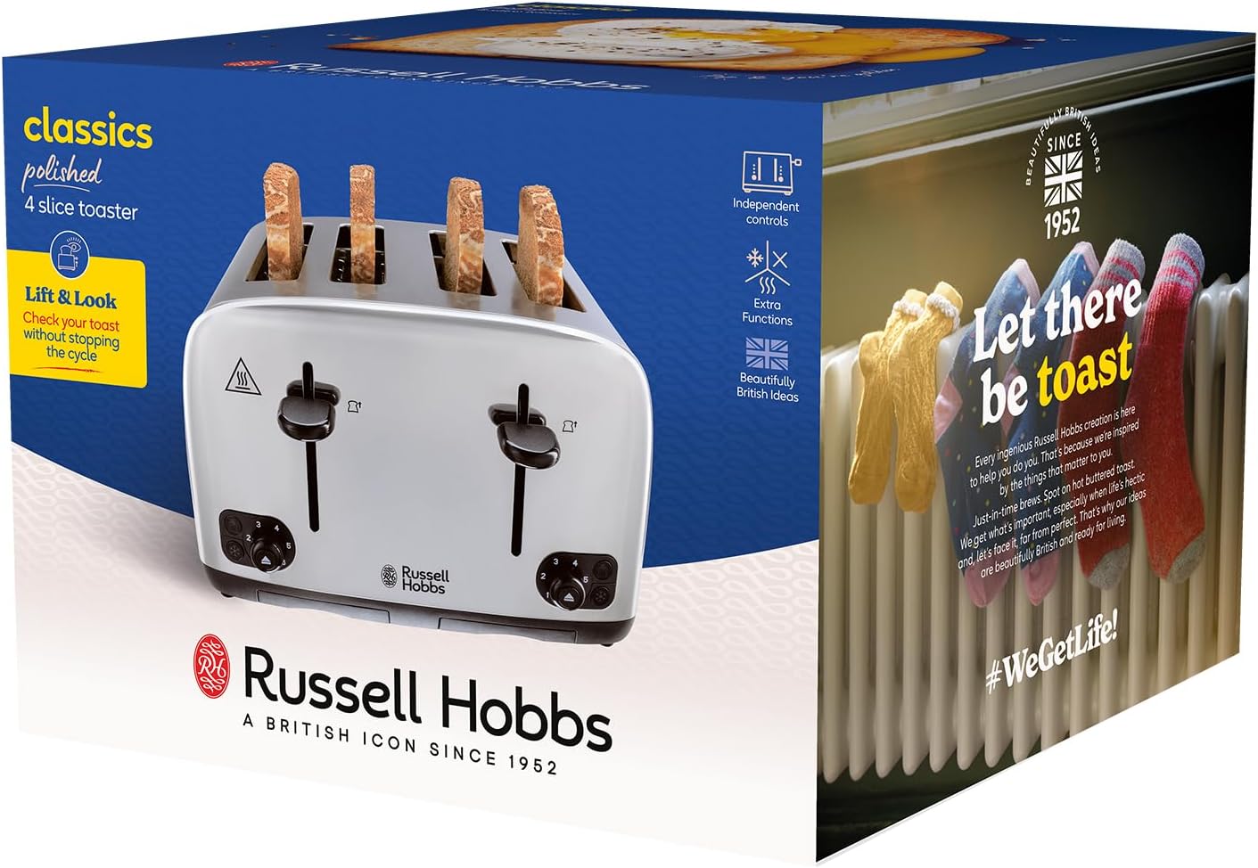 Russell Hobbs toaster with packaging featuring bread and brand logo.