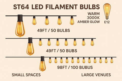 ST64 LED filament bulbs with specifications on a beige background