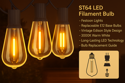 ST64 LED filament bulbs with vintage Edison style design on a dark background