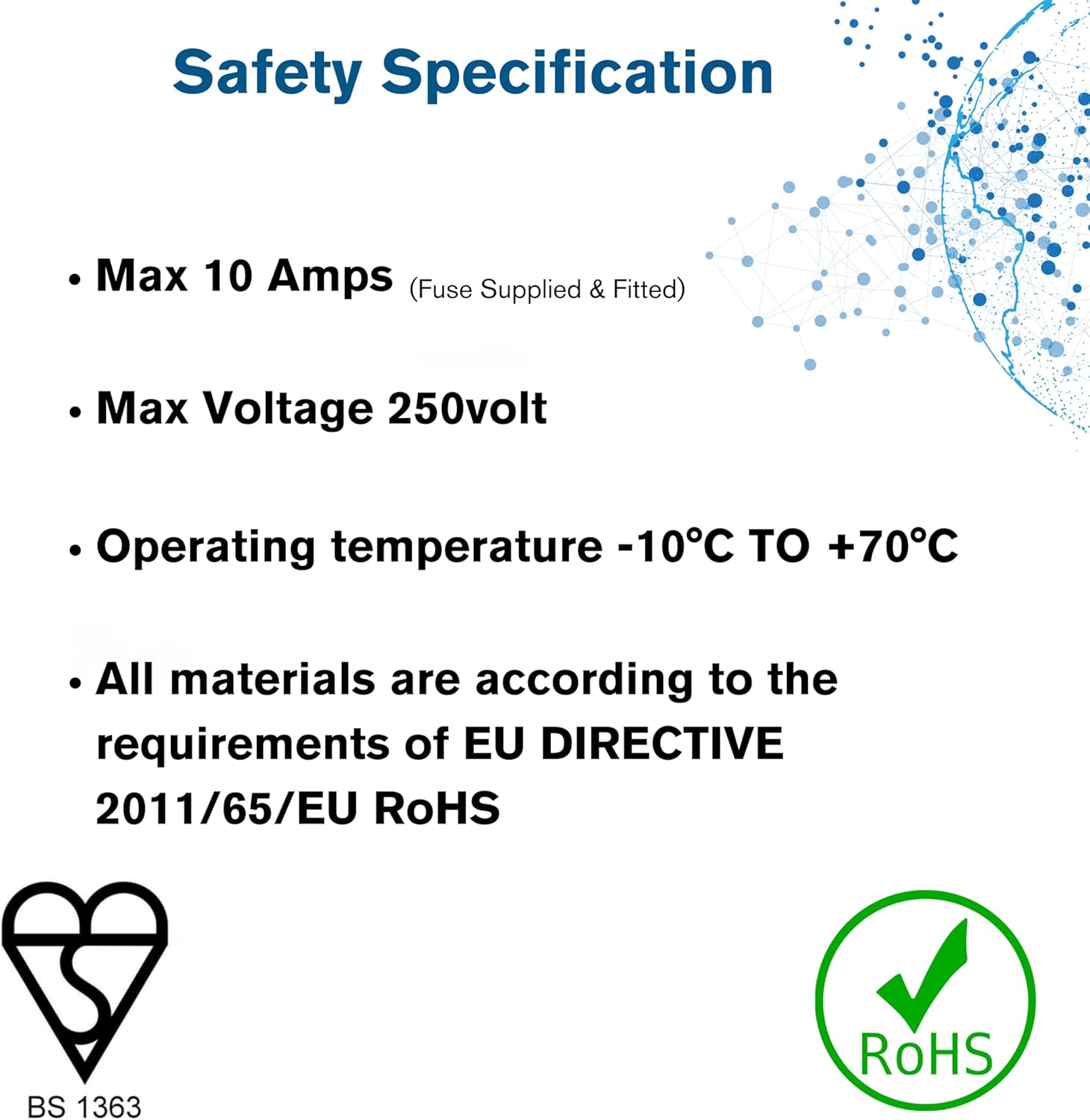 Safety specification details on a white background with blue and green accents.