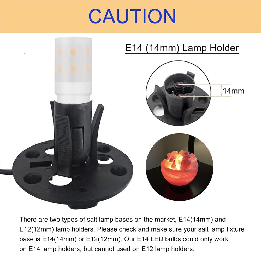 Salt lamp with E14 lamp holder and cautionary text about compatibility.