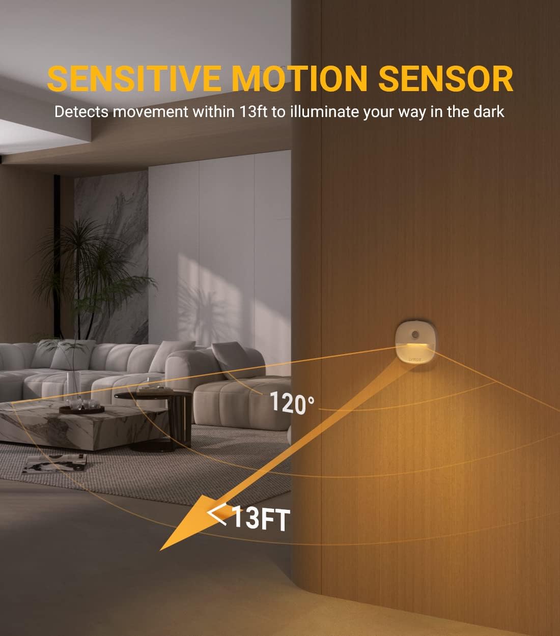 Sensitive motion sensor illuminating a room with a diagram showing its detection range.