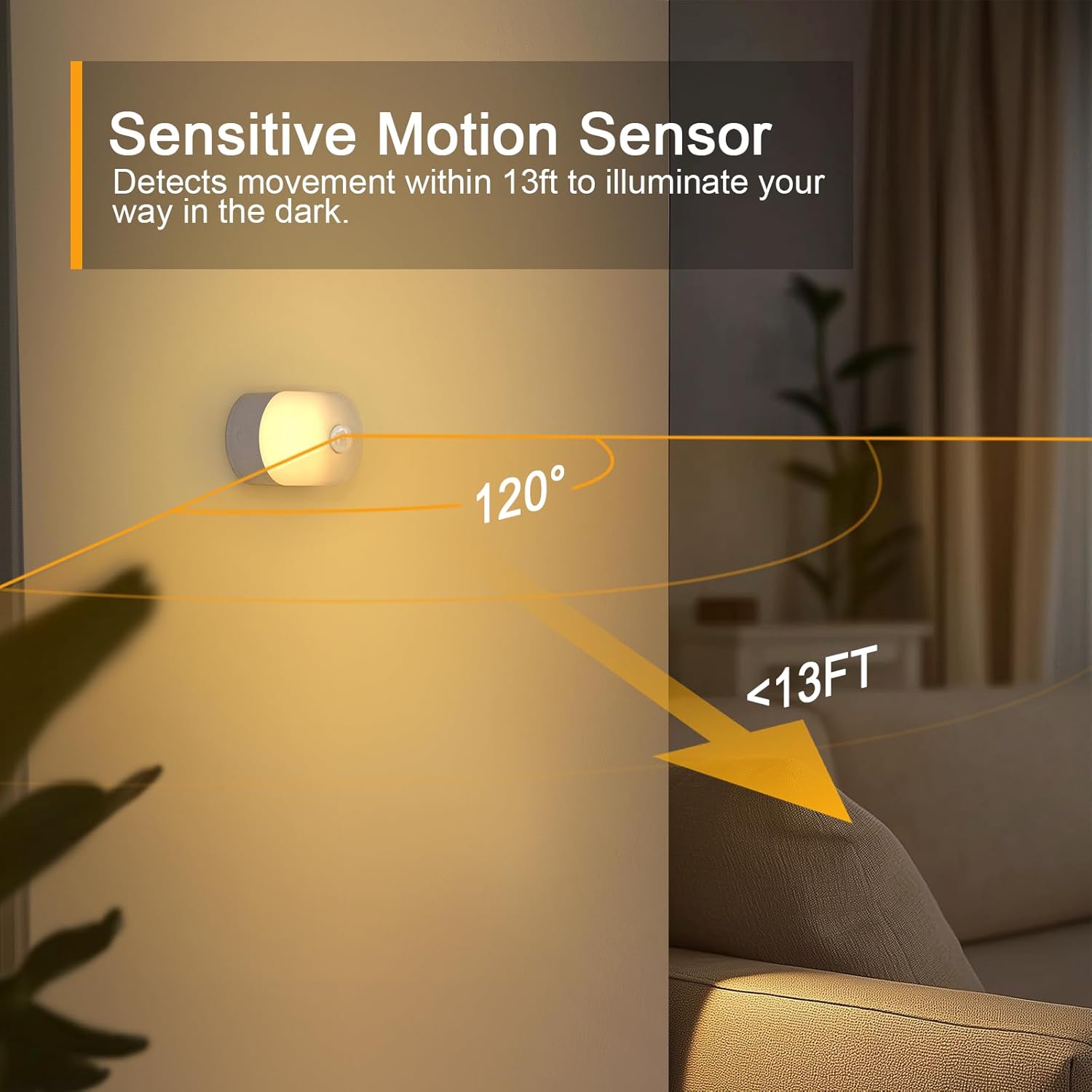 Sensitive motion sensor illuminating a room with a diagram showing detection range.
