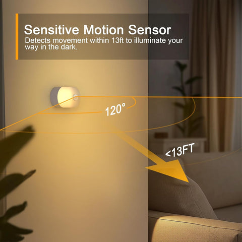 Sensitive motion sensor illuminating a room with a diagram showing detection range.