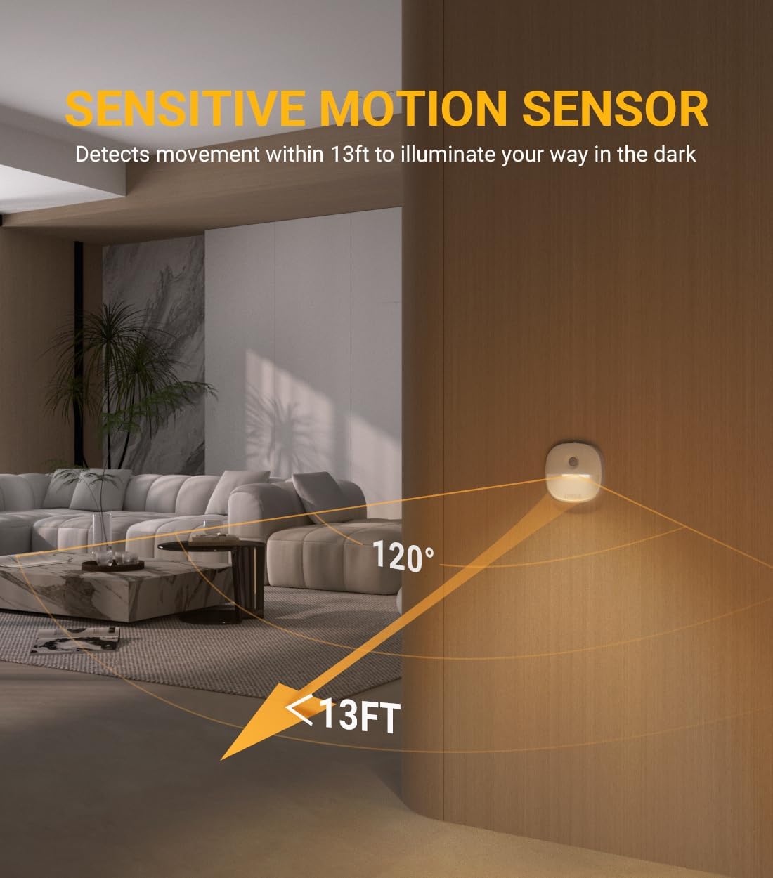 Sensitive motion sensor with light beam in a living room setting