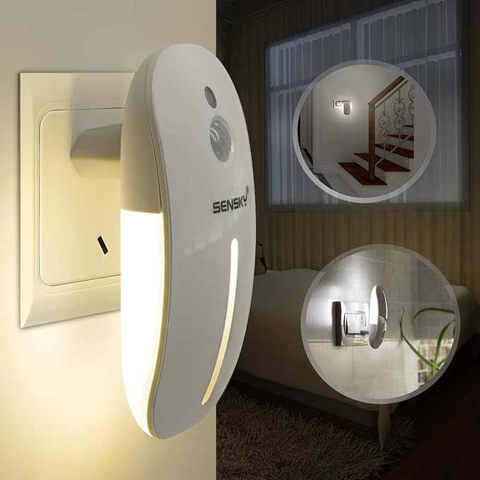 Sensky night light attached to a wall switch with inset images showing its use.
