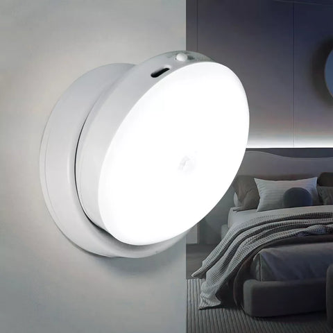 Warm white LED light activated by motion in a hallway

