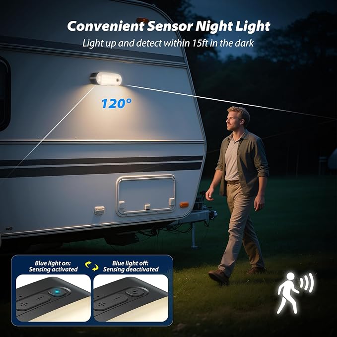 Sensor night light on a vehicle with a person walking nearby, highlighting its functionality.