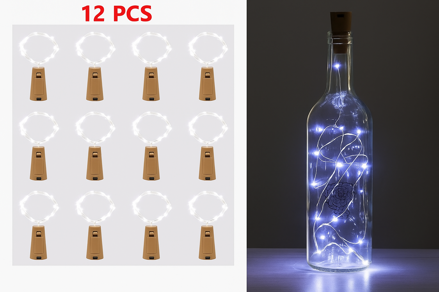 Set of 12 LED bottle lights with packaging and a lit bottle on a dark background.