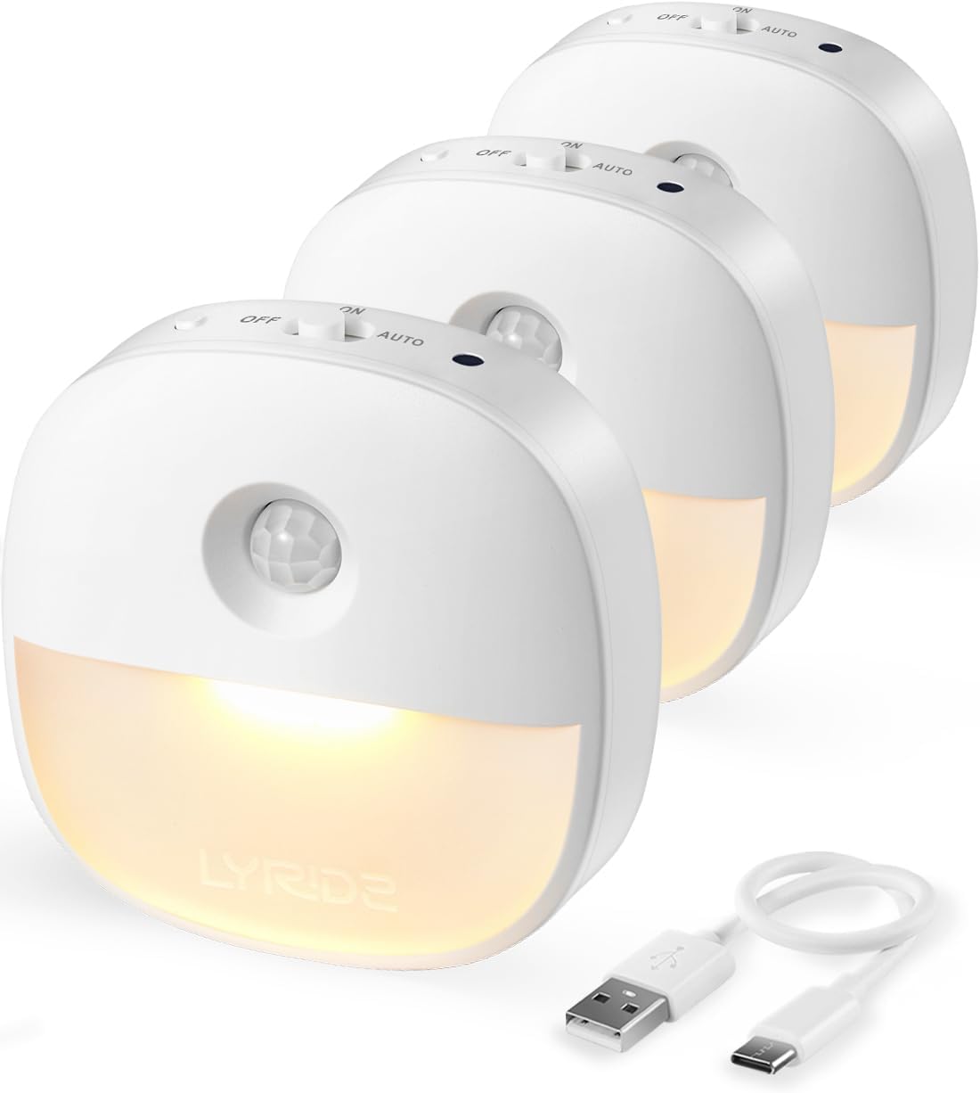 Set of 3 USB rechargeable warm white motion sensor night lights with magnetic stick-on backing, ideal for indoor use in hallways, cupboards, stairs, and bedrooms.