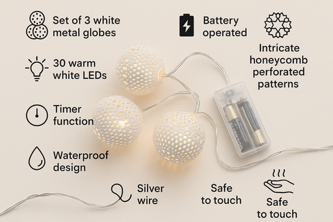 Set of 3 white metal globe string lights with battery pack, featuring timer function and waterproof design.