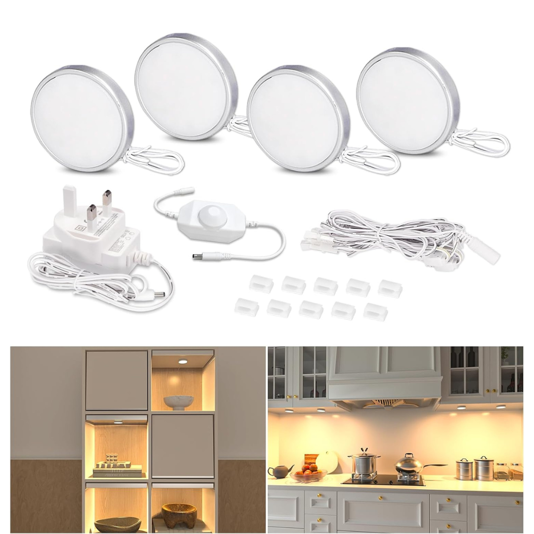 Set of LED ceiling lights with installation components and kitchen usage examples.