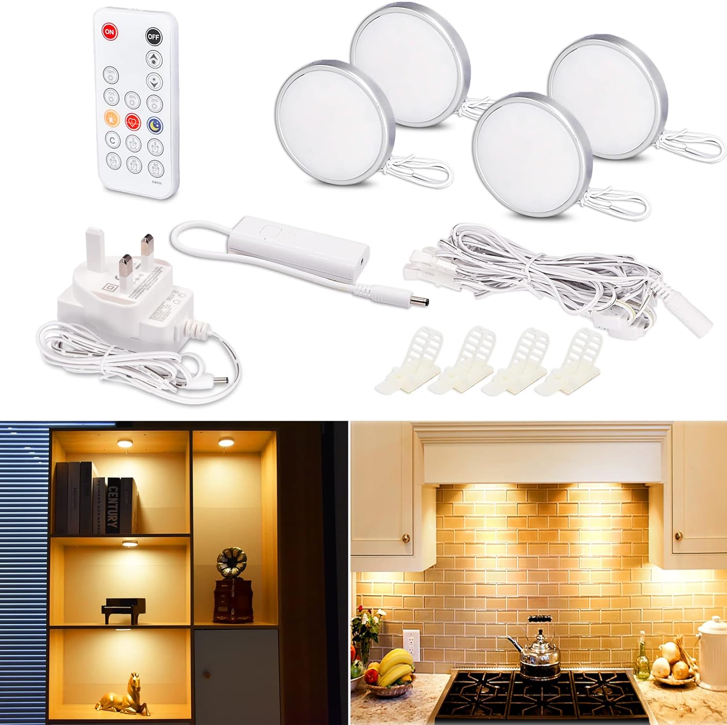 Kitchen Lighting Remote Control Dimmable LED Under Cabinet Kitchen Lights with Remote Control 4 Pack