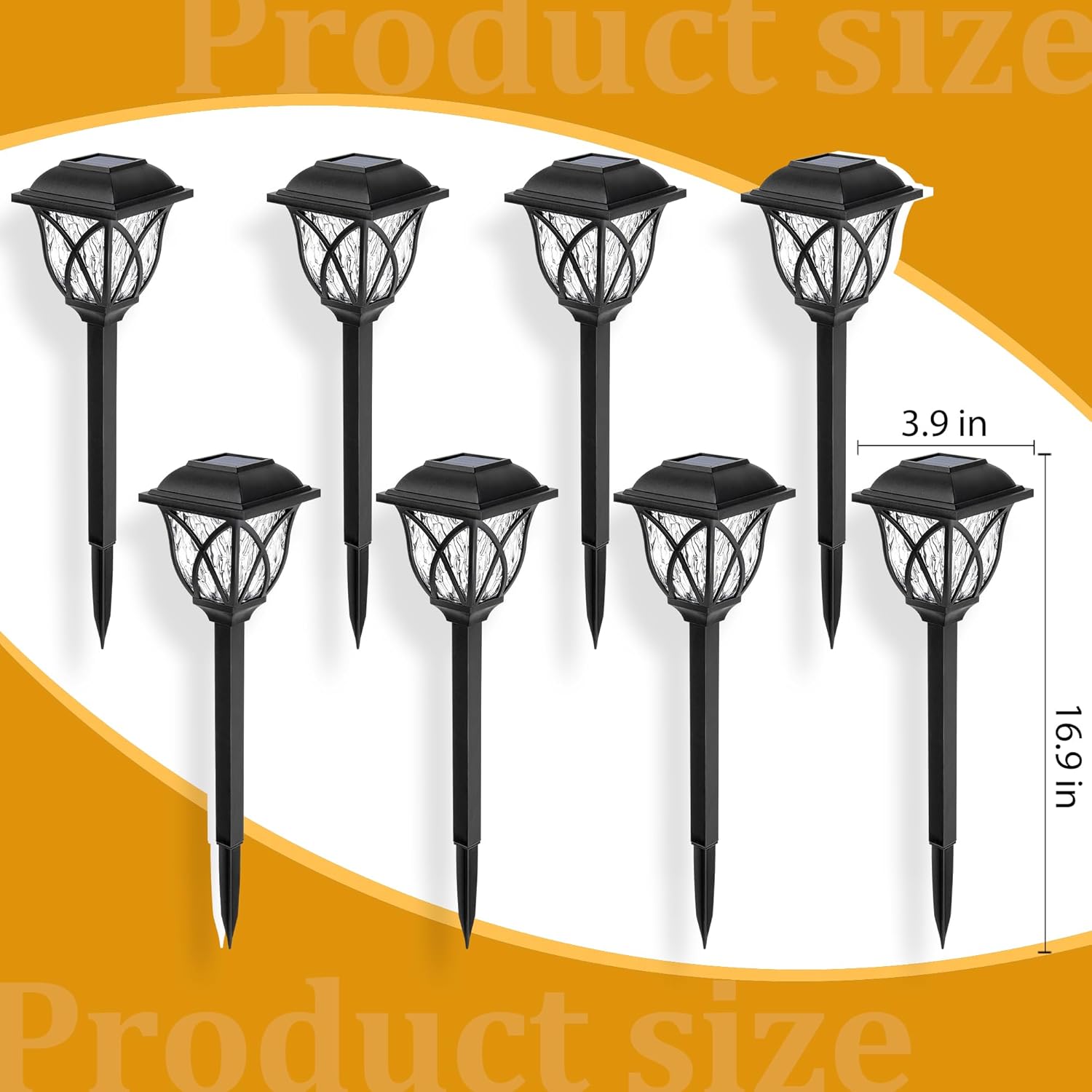 Set of black solar garden lights with measurements on a white background