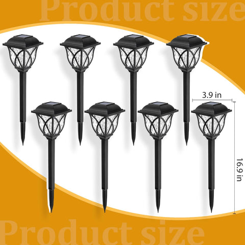 Set of black solar garden lights with measurements on a white background