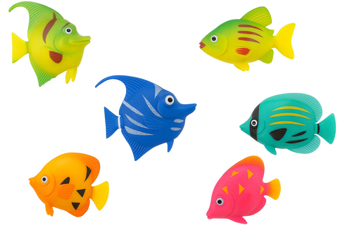 Set of colorful fish toys on a white background