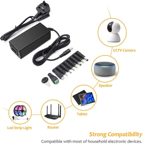 Set of electronic adapters and cables with compatible devices on a white background