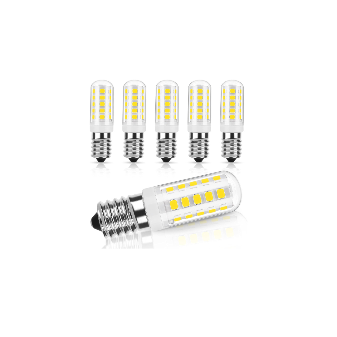Set of five LED corn bulbs with E14 base on a white background