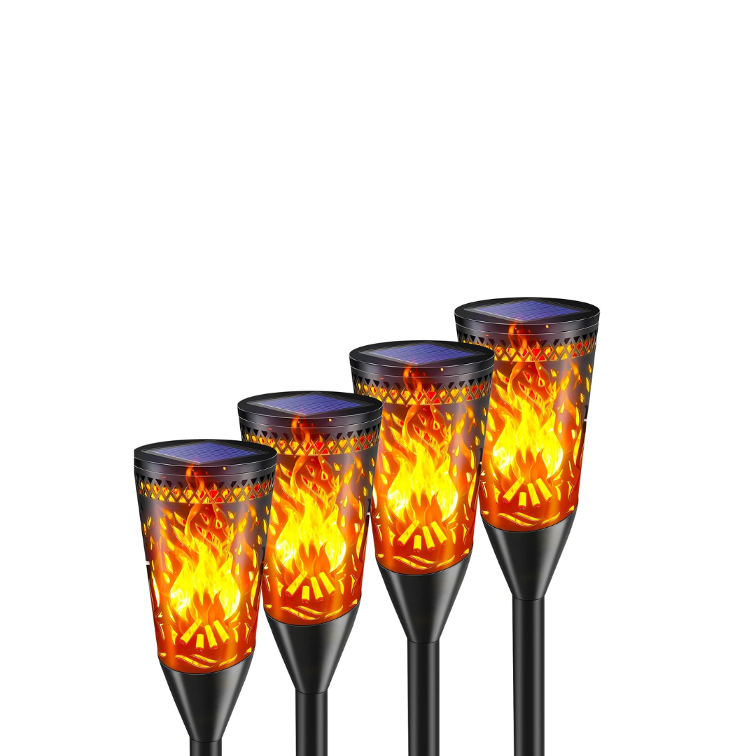 Set of five solar flame lights on a white background