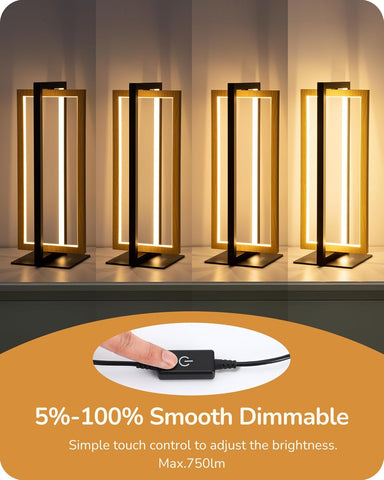 Set of four modern table lamps with a dimmable control device on a brown background.