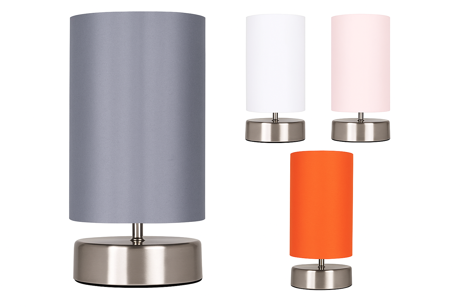 Set of four table lamps with different colored shades on a white background