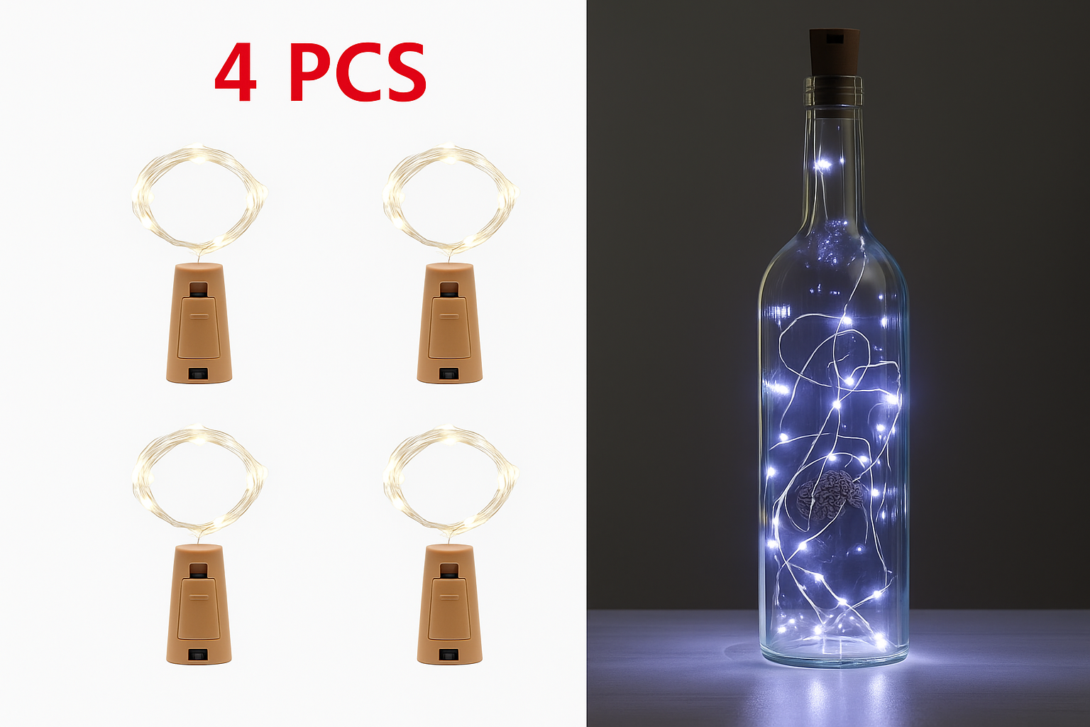 Set of four wine bottle lights with a cork design, shown on a white background and in use.