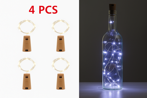 Set of four wine bottle lights with a cork design, shown on a white background and in use.