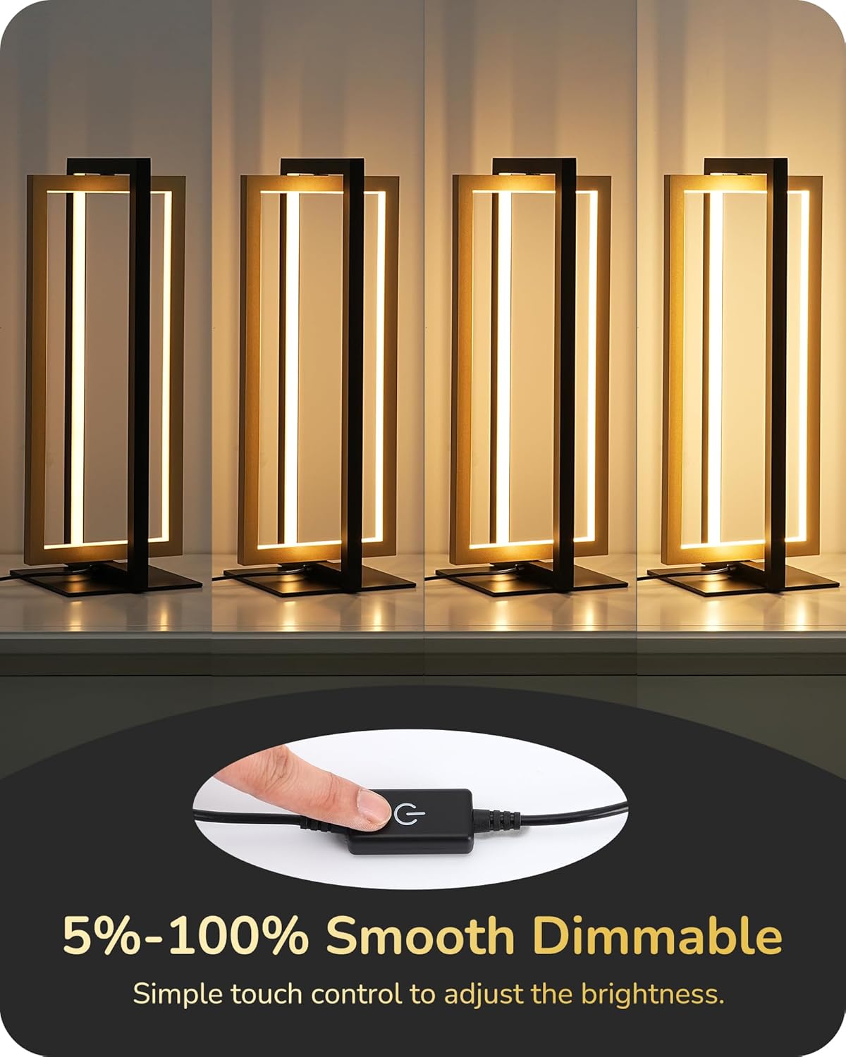 Set of modern floor lamps with a dimmable control feature displayed.