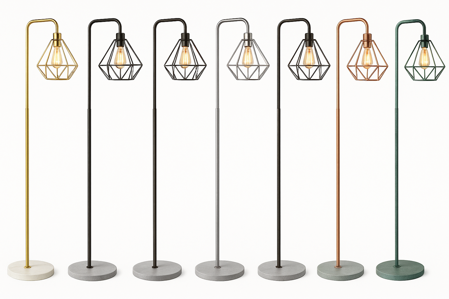 Set of six floor lamps with different colored metal stands on a white background