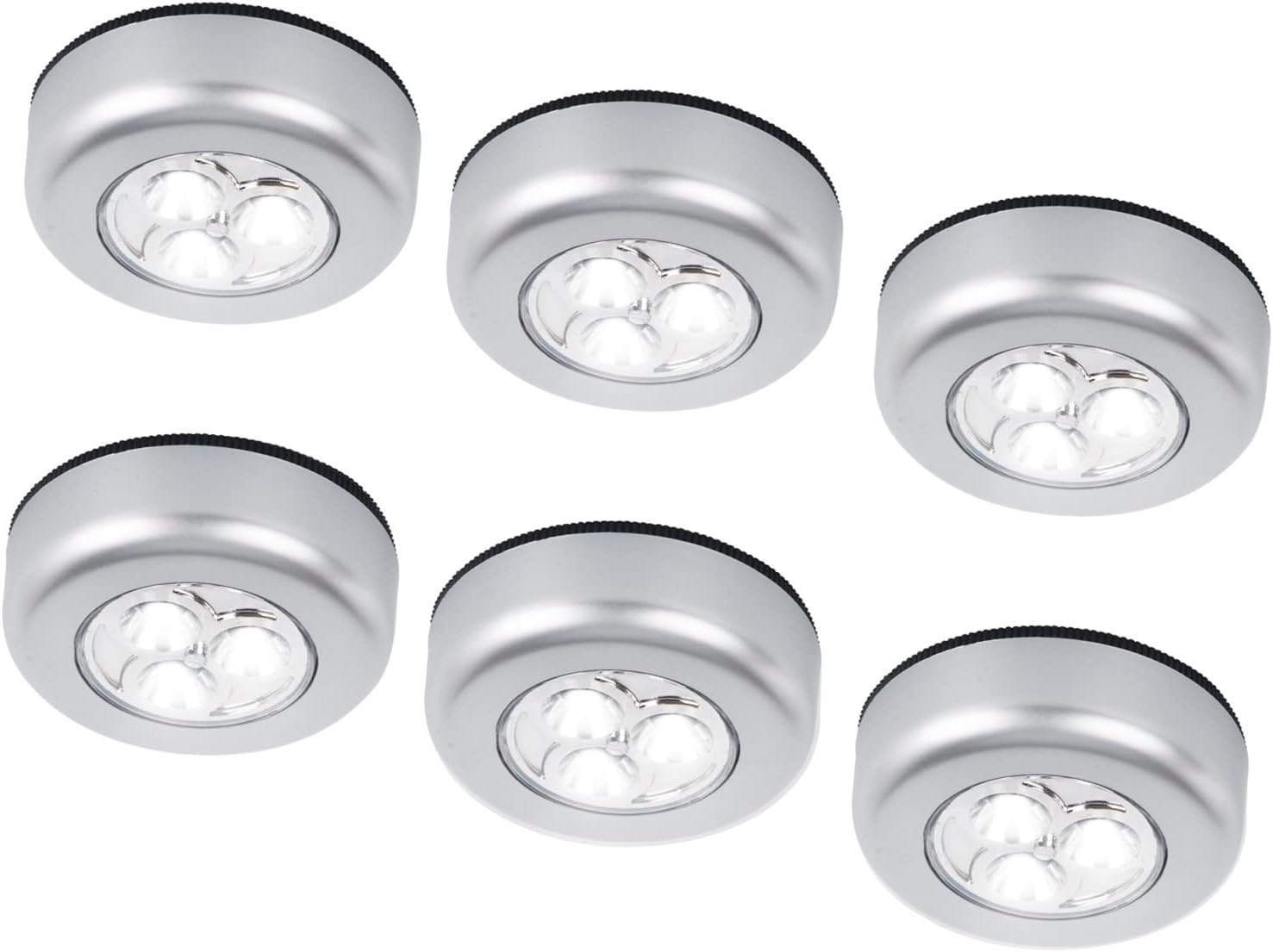 Set of six round silver LED lights on a white background