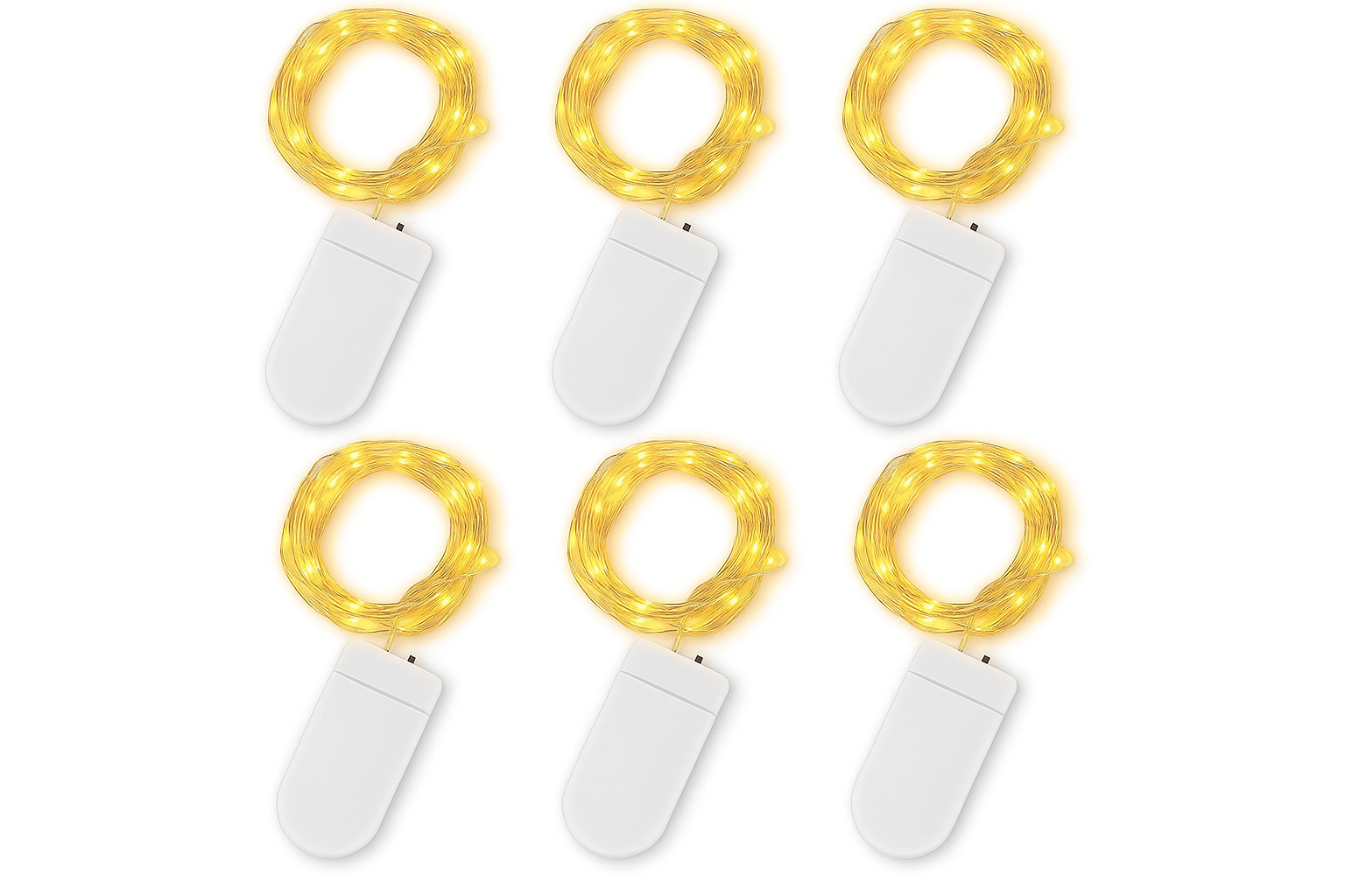 Set of six small string lights with white bases on a white background