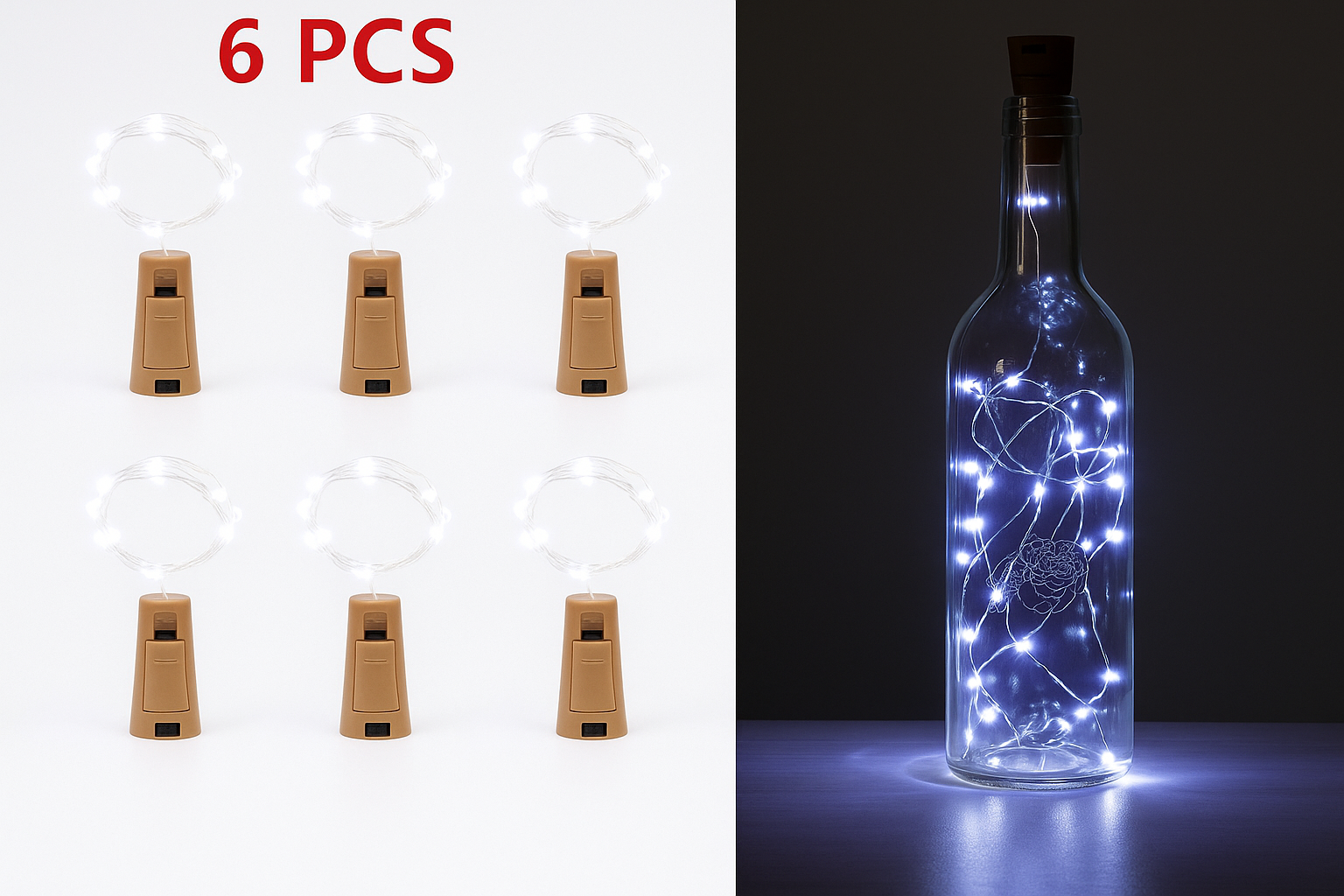 Set of six wooden bottle caps with a lit glass bottle containing LED lights on a dark background.