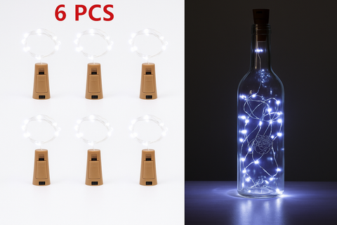 Set of six wooden bottle caps with a lit glass bottle containing LED lights on a dark background.