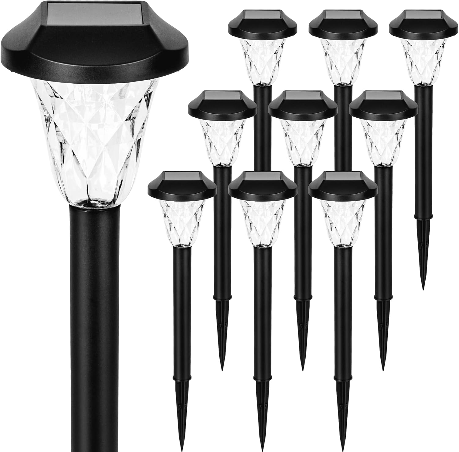 Set of solar-powered outdoor lights on a white background