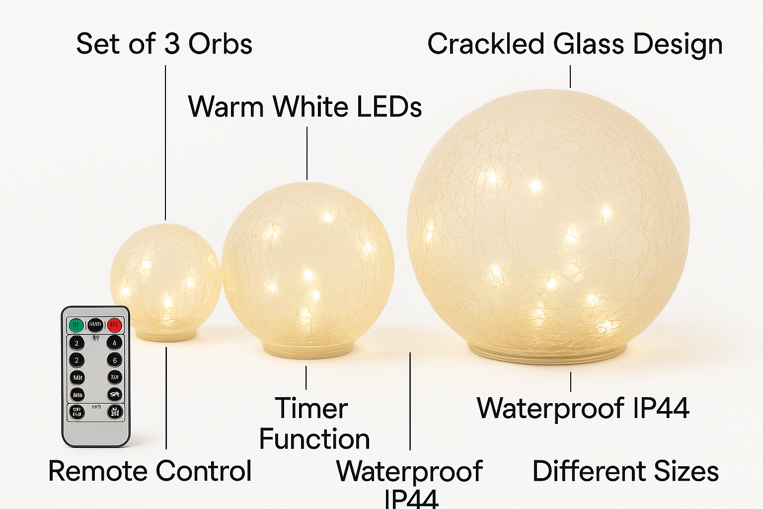 Set of three decorative orbs with features highlighted on a white background