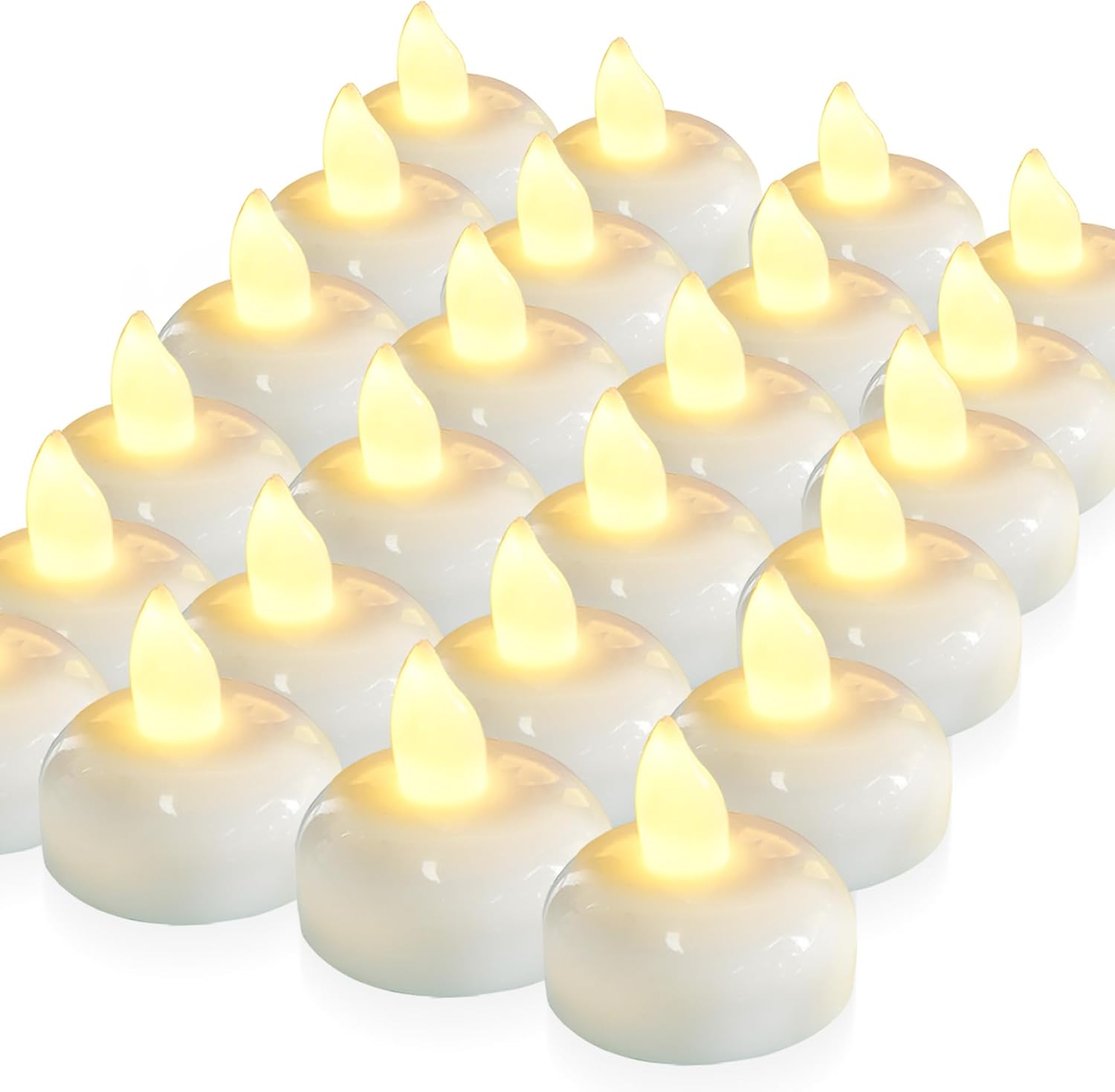 Set of white LED candles with flickering yellow flames on a white background