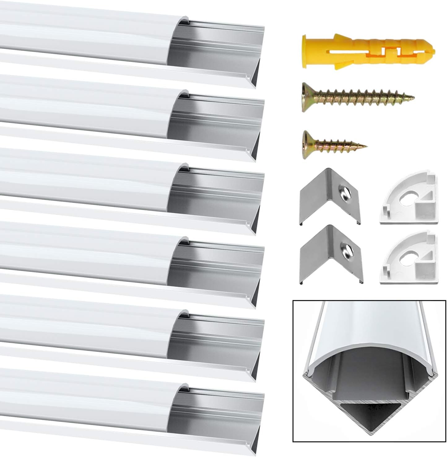 Set of white LED light strips with corner brackets and screws on a white background