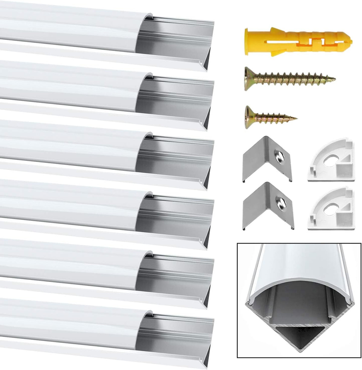 Set of white LED light strips with corner brackets and screws on a white background