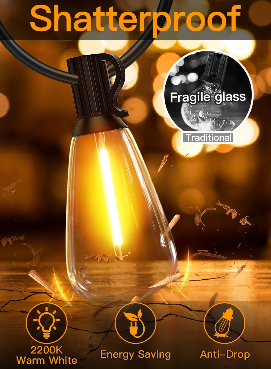 Shatterproof light bulb with glowing filament on a warm background, featuring text and icons about features.