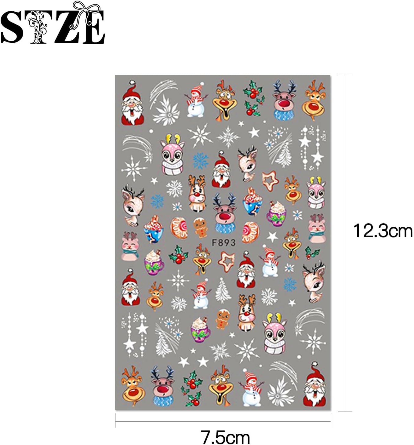 Sheet of Christmas-themed stickers with Santa Claus, reindeer, and snowflakes on a gray background, with dimensions indicated.