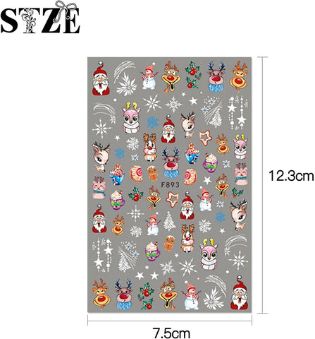Sheet of Christmas-themed stickers with Santa Claus, reindeer, and snowflakes on a gray background, with dimensions indicated.