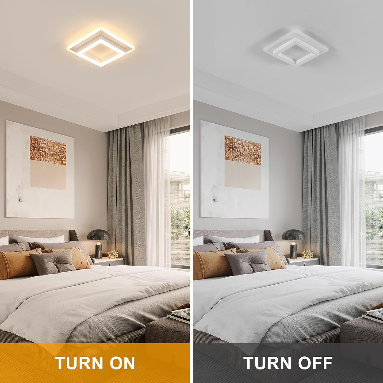 Side-by-side comparison of a bedroom with a light on and light off, showing a difference in brightness.