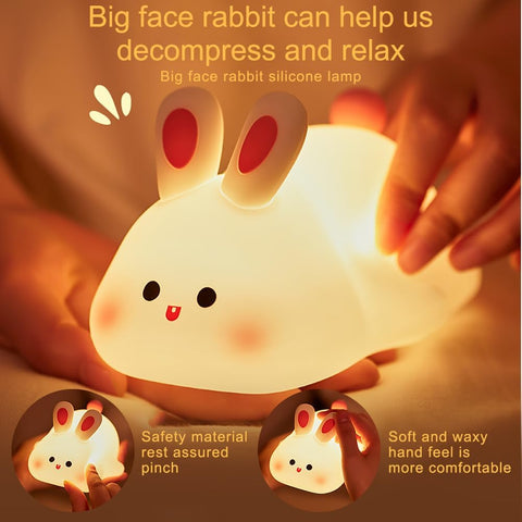 Silicone rabbit lamp being held with text about its benefits
