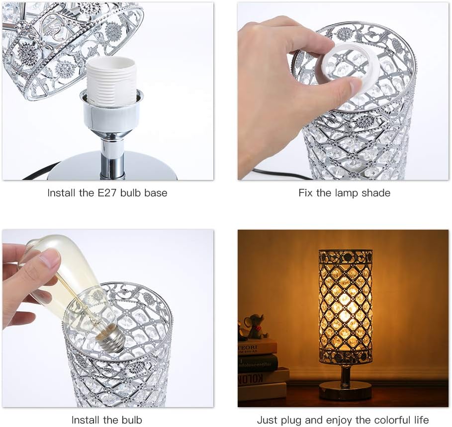 Silver Crystal Bedside Table Lamp - Modern E27 Nightstand Light for Bedroom, Living Room, Guest Room, and Dresser Décor