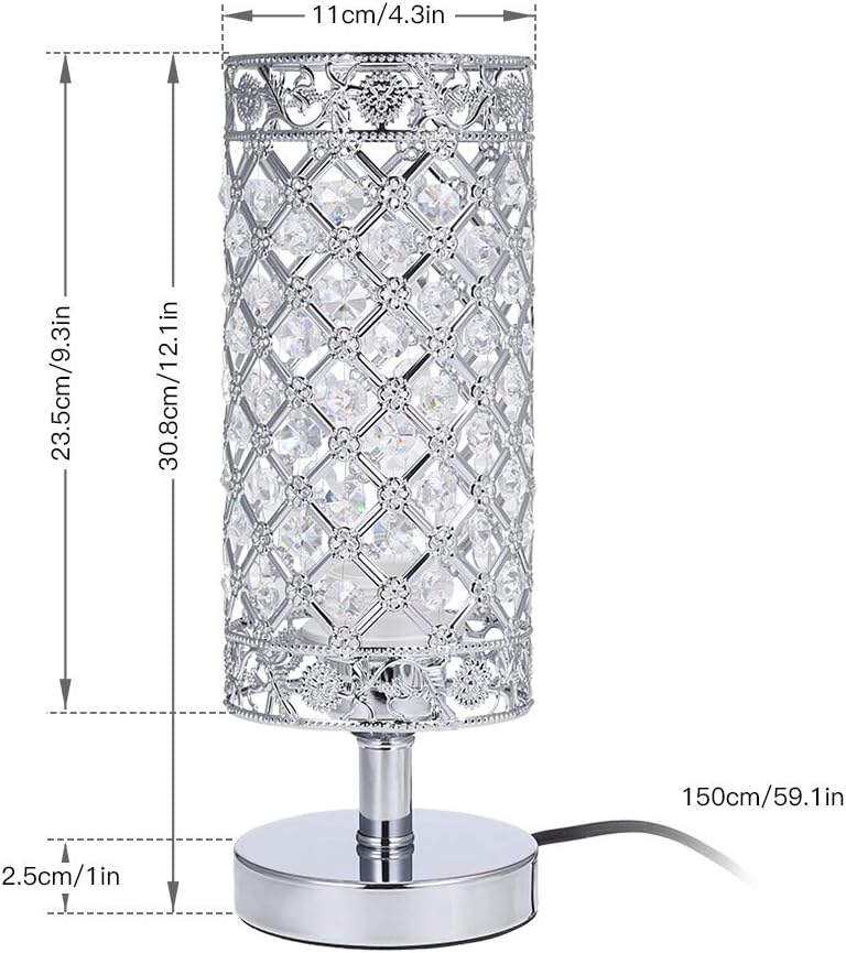 Silver Crystal Bedside Table Lamp - Modern E27 Nightstand Light for Bedroom, Living Room, Guest Room, and Dresser Décor