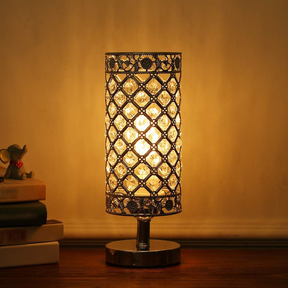 Silver Crystal Bedside Table Lamp - Modern E27 Nightstand Light for Bedroom, Living Room, Guest Room, and Dresser Décor