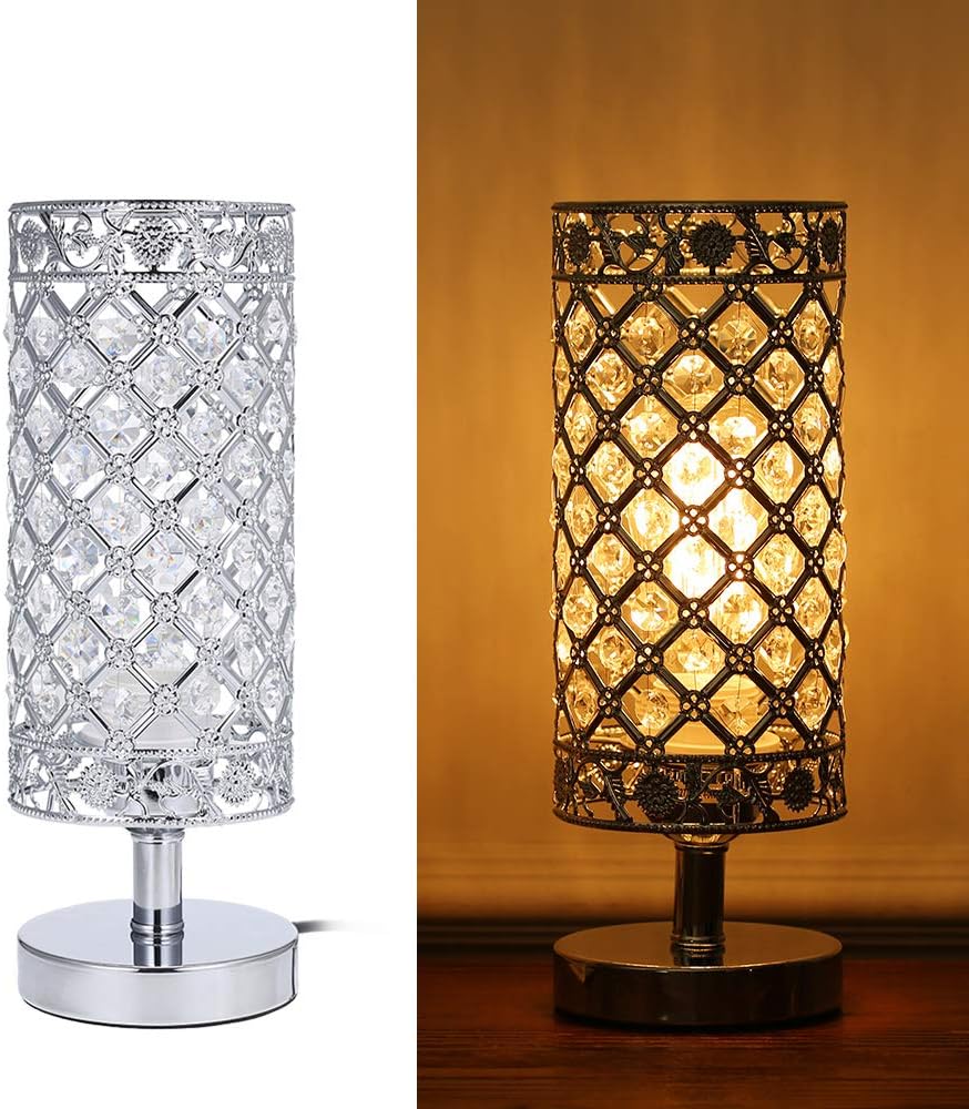 Silver Crystal Bedside Table Lamp - Modern E27 Nightstand Light for Bedroom, Living Room, Guest Room, and Dresser Décor
