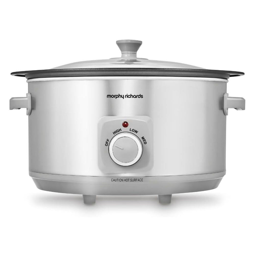 Silver Morphy Richards slow cooker on a white background