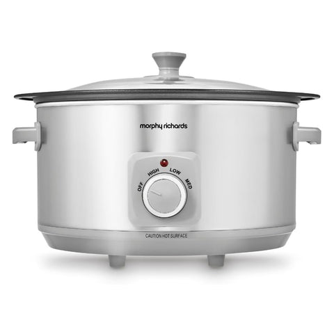 Silver Morphy Richards slow cooker on a white background