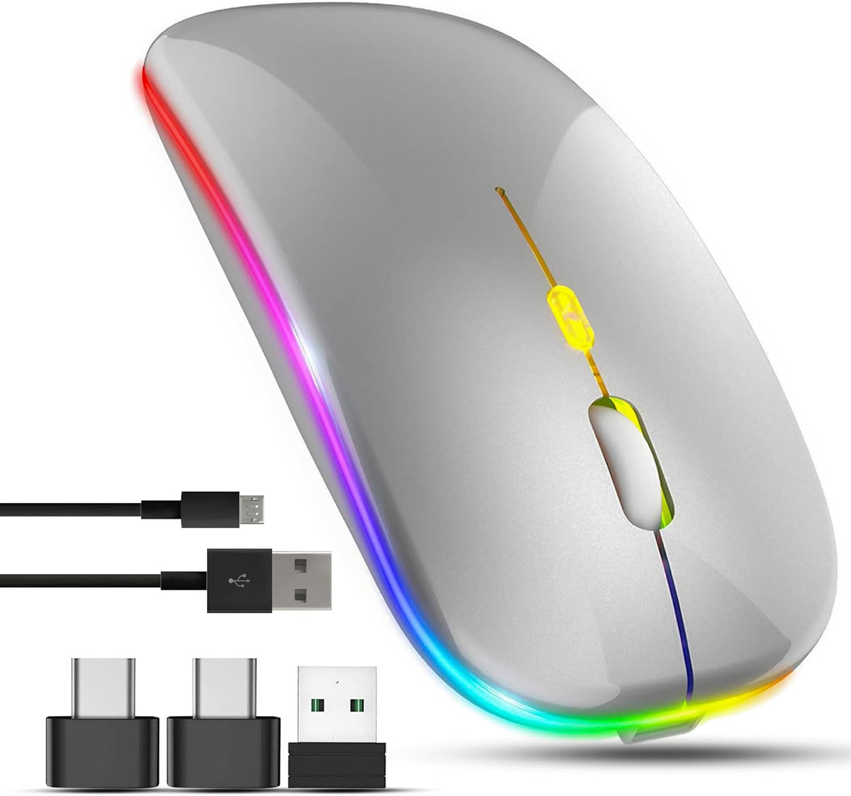 Silver computer mouse with colorful LED lights and USB cables on a white background